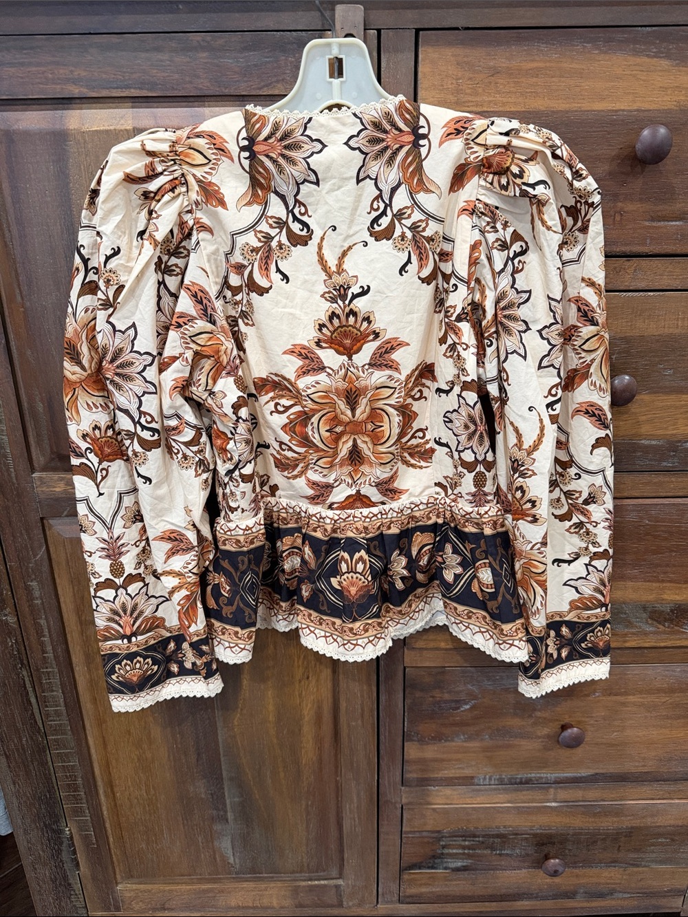 FARM Rio Cream Floral Peplum Blouse with Black & Brown Trim - Picture 7 of 10